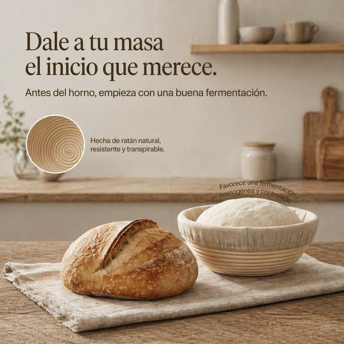 Cesta de fermentación de ratán natural